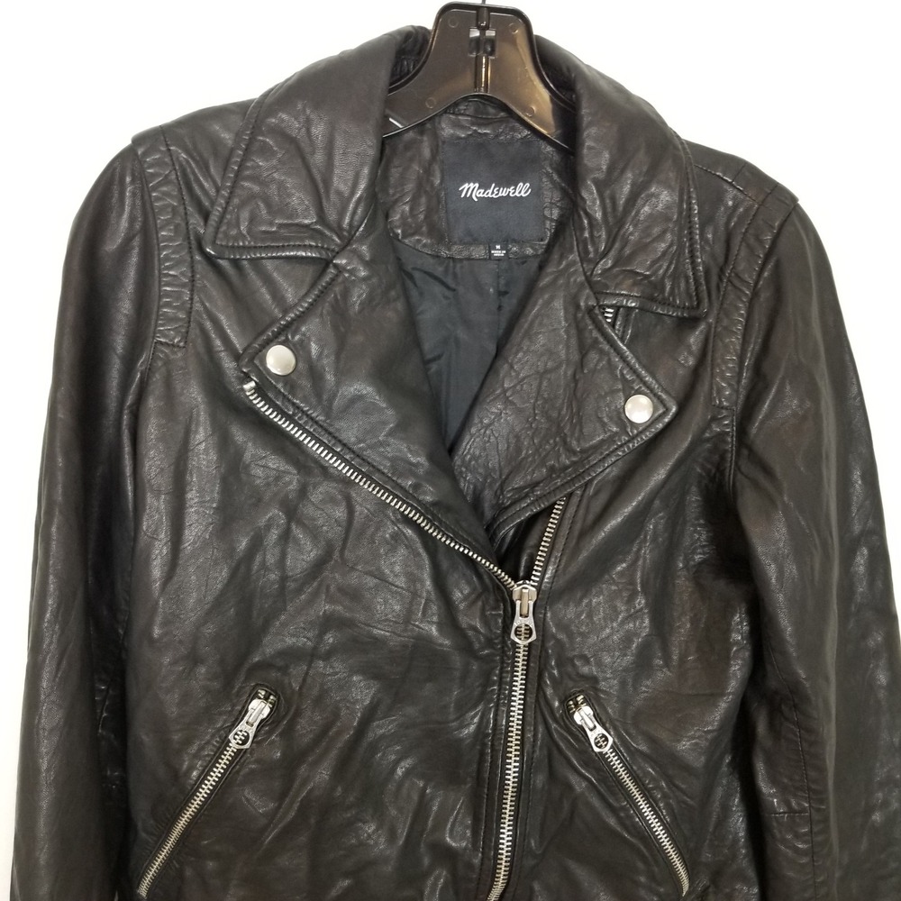Madewell Washed Leather Motorcycle Jacket Women Sz M Black Asymmetrical Zip - Picture 2 of 9